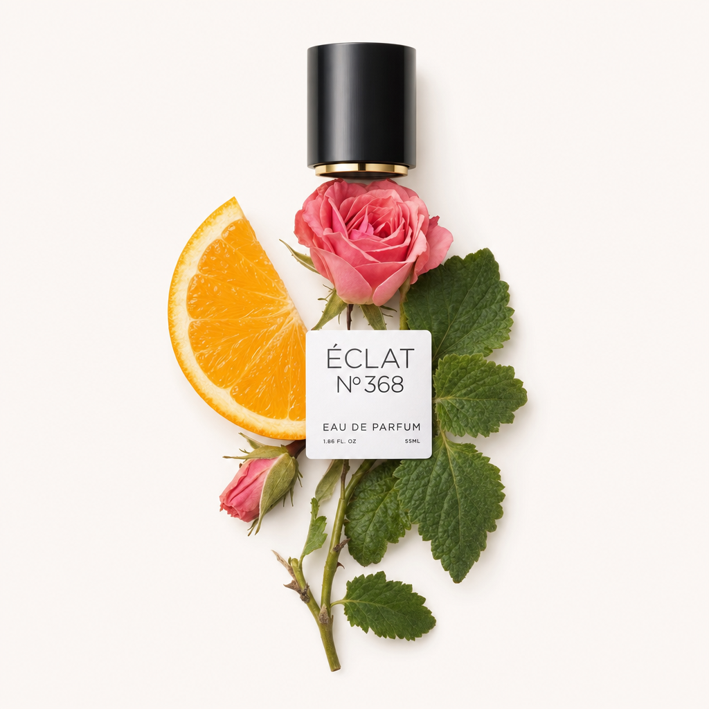 Una composizione con una fetta d'arancia, rose rosa e foglie verdi disposte sotto un tappo nero con un'etichetta che riporta ÉCLAT Sweet Patchouli.