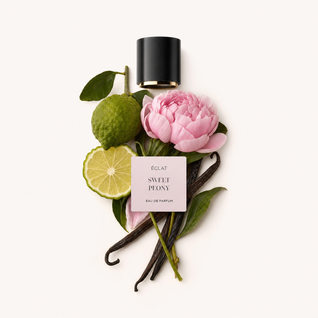 Una composizione di bergamotto fresco, delicata peonia rosa e baccelli di vaniglia aromatici, accanto a un tappo nero con etichetta ÉCLAT Sweet Peony.