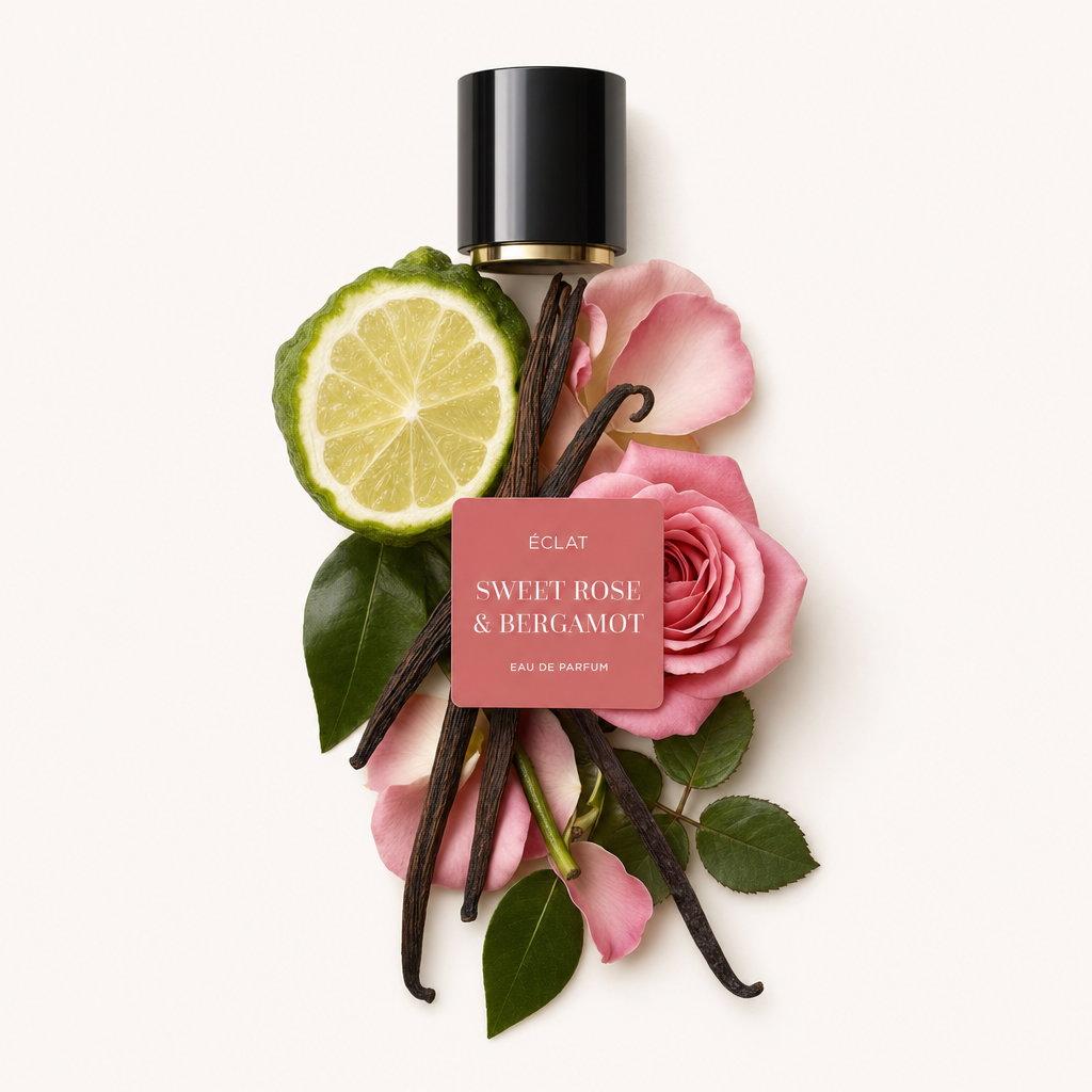 Un arrangiamento di fetta di bergamotto, petali di rosa rosa e baccelli di vaniglia circonda un tappo nero con etichetta ÉCLAT Sweet Rose & Bergamot.