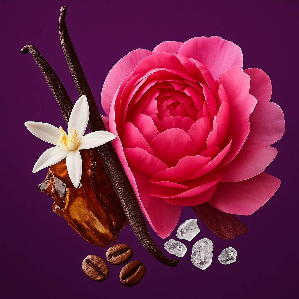 Una composizione di una rosa rosa, baccelli di vaniglia, un fiore bianco, chicchi di caffè, resina ambrata e cristalli di zucchero su uno sfondo viola intenso, che rappresenta ÉCLAT Sweet Rose & Coffee.