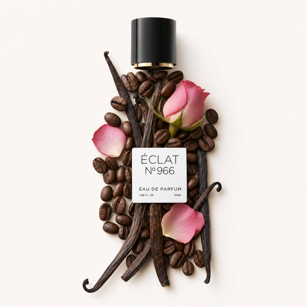 Una composizione di boccioli di rosa rosa, chicchi di caffè e baccelli di vaniglia circonda un tappo nero con etichetta di ÉCLAT Sweet Rose & Coffee.
