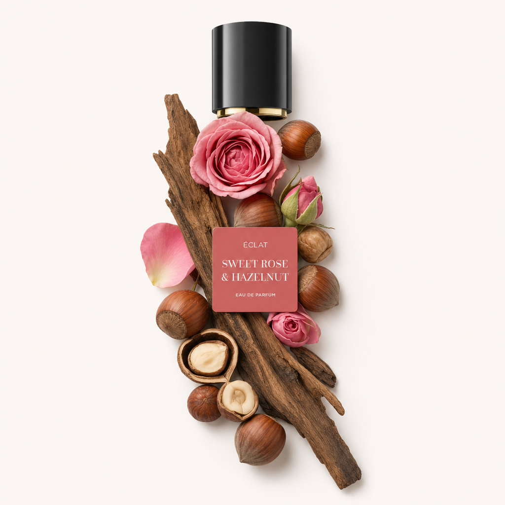 Un assortimento di rose, nocciole e corteccia con un tappo nero ÉCLAT Sweet Rose & Hazelnut in cima.