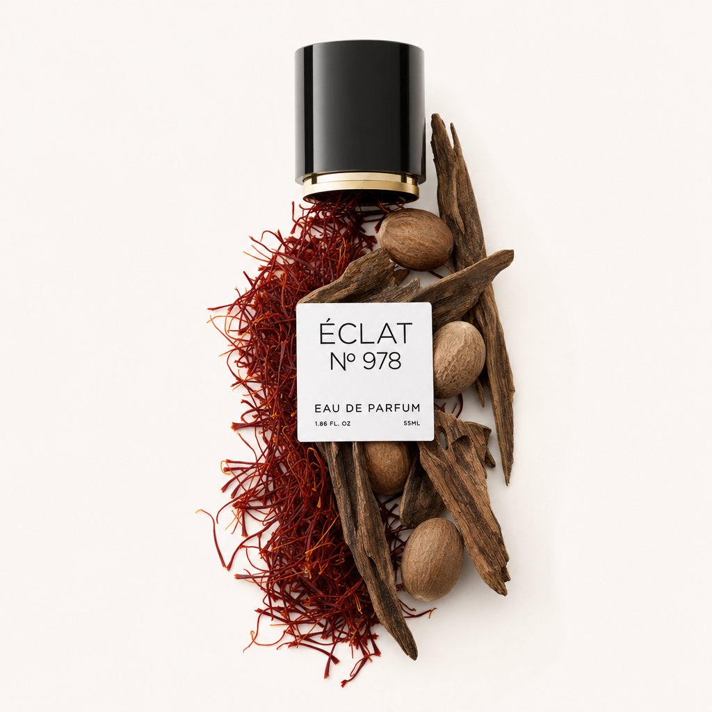 Un arrangiamento di vivaci fili di zafferano, pezzi di legno di oud e noce moscata intera circonda un tappo nero con accento dorato ed etichetta per ÉCLAT Sweet Saffron & Oud.