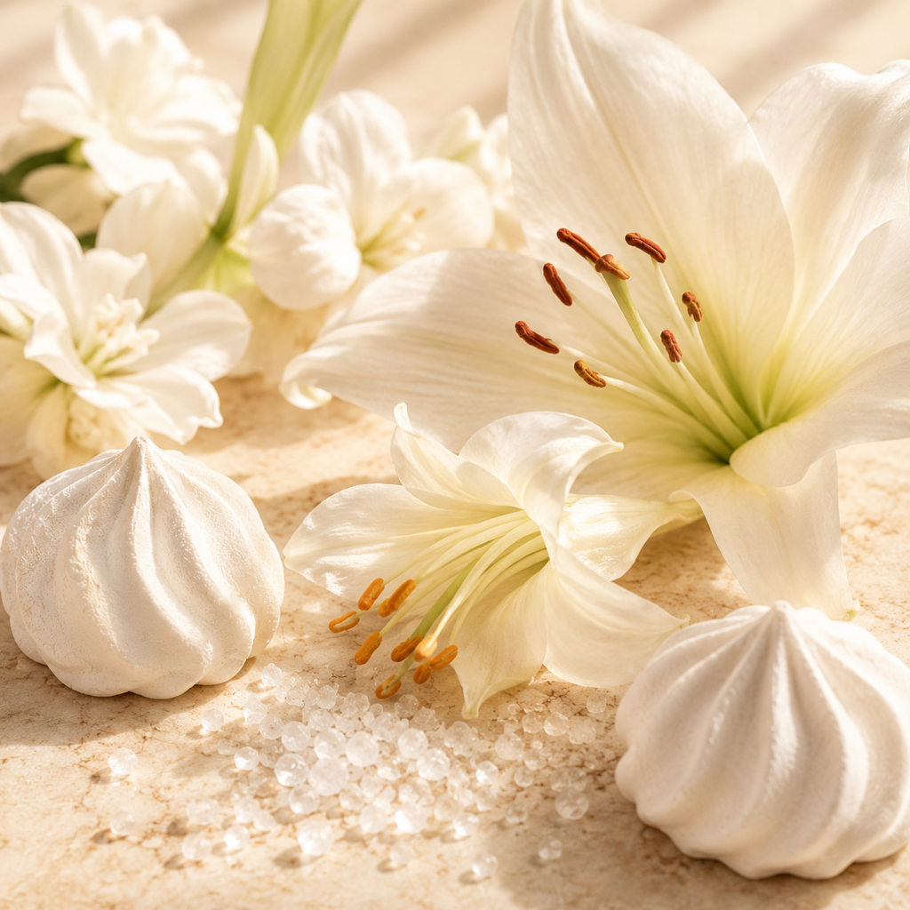 Gigli bianchi, cristalli di sale marino e biscotti di meringa disposti con eleganza, rappresentano ÉCLAT Sweet-Salty Blossoms.