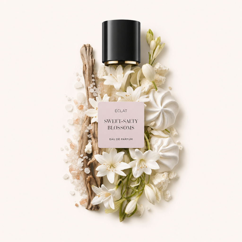 Un arrangiamento di fiori bianchi, meringhe, cristalli di sale e legno alla deriva circonda un tappo nero di ÉCLAT Sweet-Salty Blossoms con etichetta.