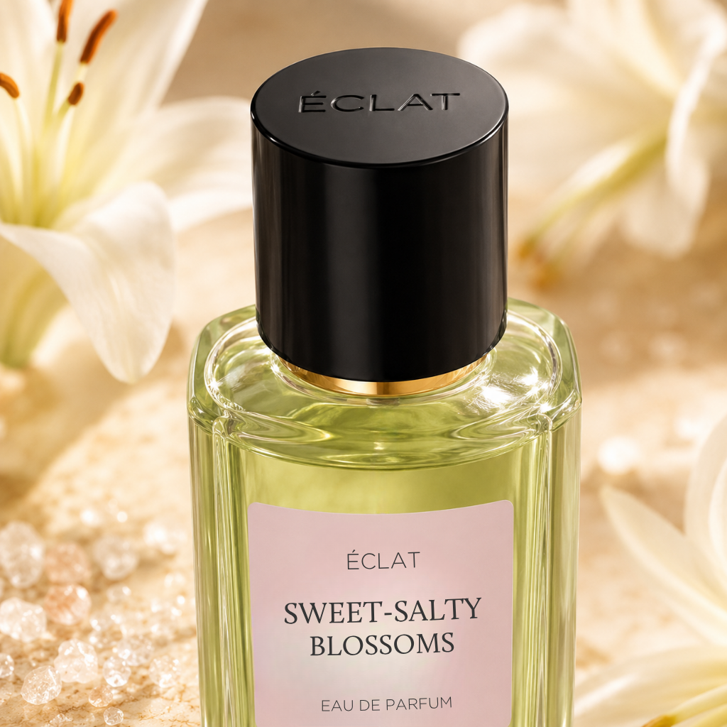Bottiglia in vetro sfaccettato di ÉCLAT Sweet-Salty Blossoms con tappo nero, circondata da fiori.