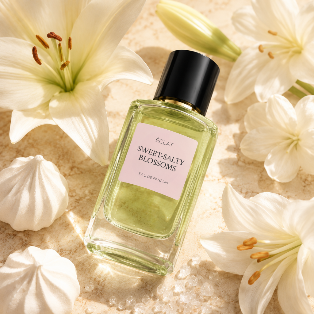 Un flacone in vetro sfaccettato del profumo ÉCLAT Sweet-Salty Blossoms con tappo nero, circondato da gigli bianchi e meringhe.