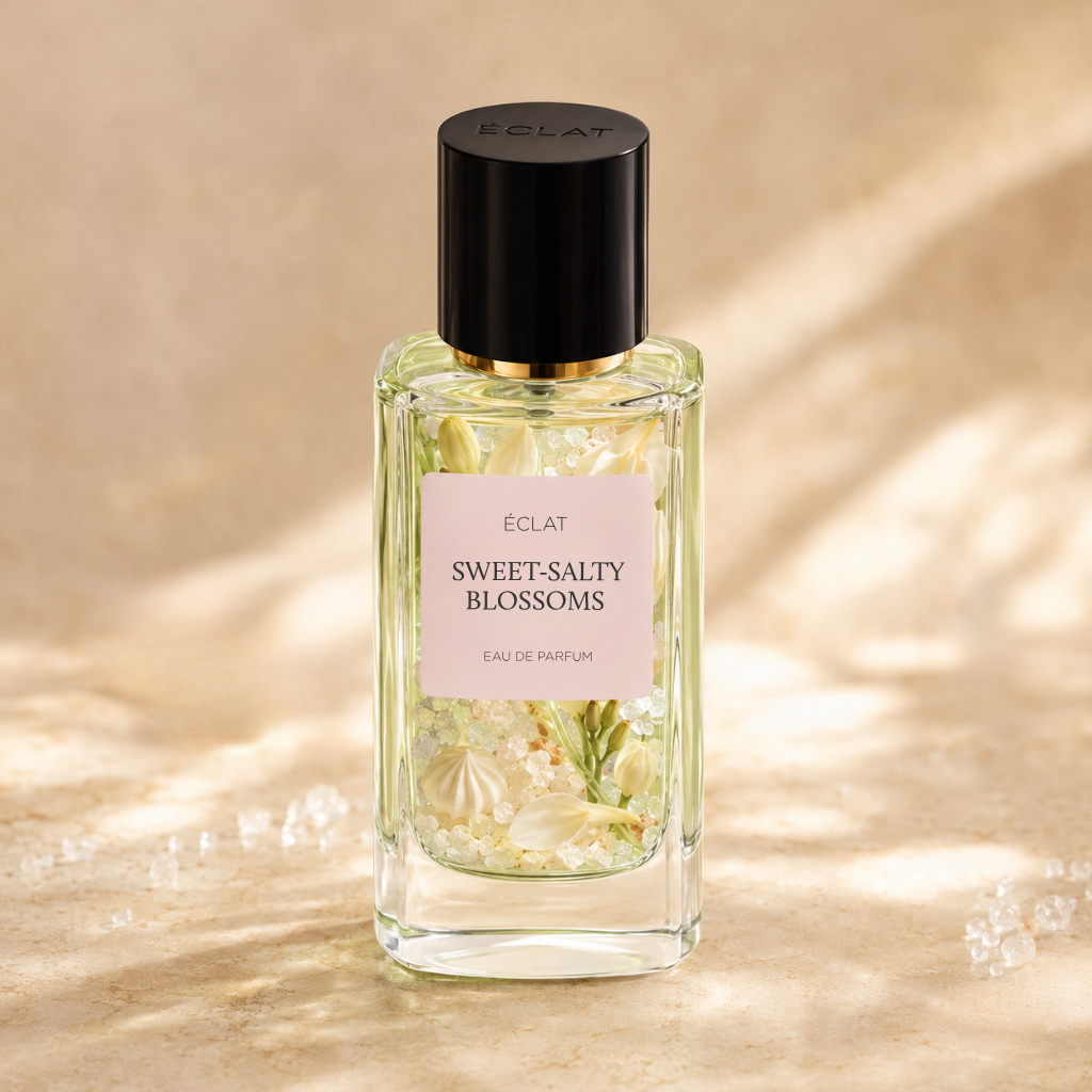 ÉCLAT Sweet-Salty Blossoms in un flacone di vetro sfaccettato con tappo nero, circondato da delicati elementi floreali bianchi.