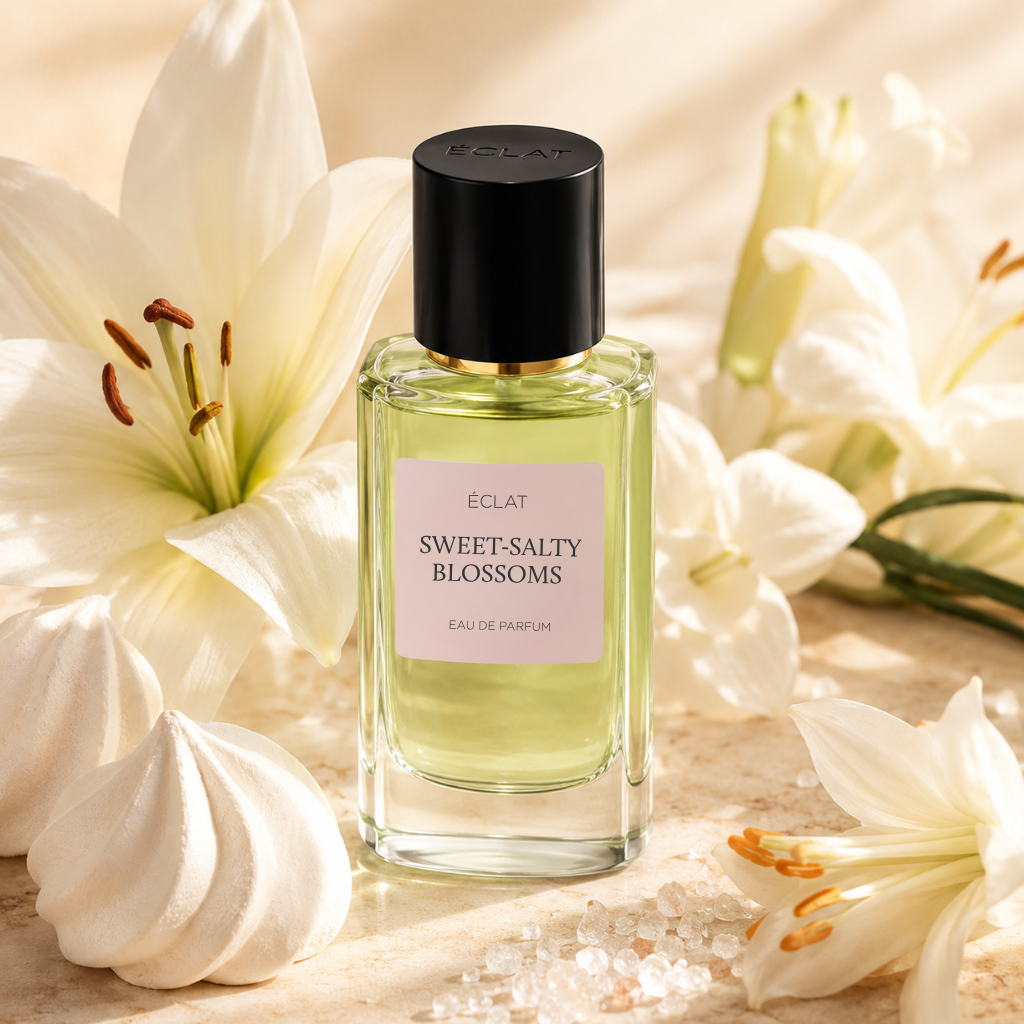 Flacone di profumo ÉCLAT Sweet-Salty Blossoms con liquido verdastro e tappo nero, circondato da gigli bianchi e meringhe.