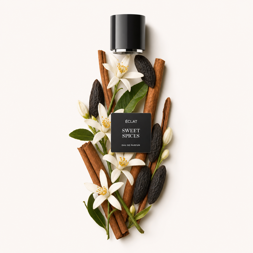 Un arrangiamento di fiori bianchi, bastoncini di cannella e fagioli tonka scuri circonda il tappo nero con etichetta ÉCLAT Sweet Spices.