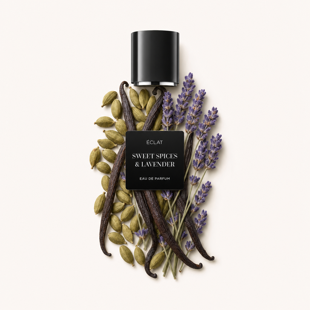 Un insieme di baccelli di cardamomo, bacche di vaniglia e rametti di lavanda circonda un tappo nero con l'etichetta ÉCLAT Sweet Spices & Lavender.