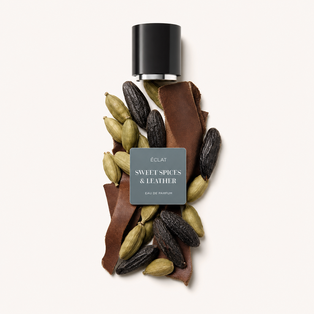 Un arrangiamento di baccelli di cardamomo, strisce di pelle e fagioli tonka circonda il tappo nero con etichetta di ÉCLAT Sweet Spices & Leather.