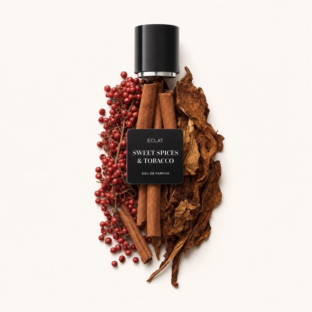 Un arrangiamento di bastoncini di cannella, grani di pepe rosso e foglie di tabacco essiccate con un tappo nero etichettato ÉCLAT Sweet Spices & Tobacco.