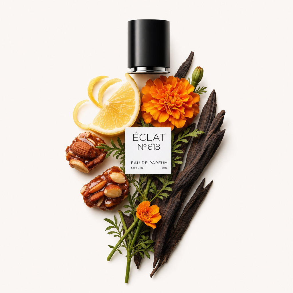 Un arrangiamento di ingredienti dolci e speziati presenta un vibrante tagete, fette di limone, baccelli di vaniglia e mandorle intorno al tappo ÉCLAT Sweet Spicy Tagetes con etichetta.