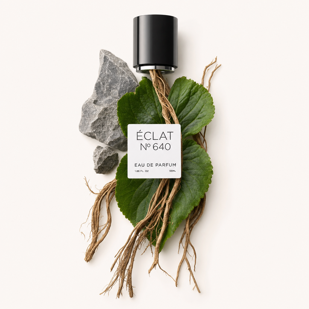 Un arrangiamento di foglie di violetta e radici terrose accanto a una roccia grigia, con tappo nero ed etichetta di ÉCLAT Sweet Violet Leaf.