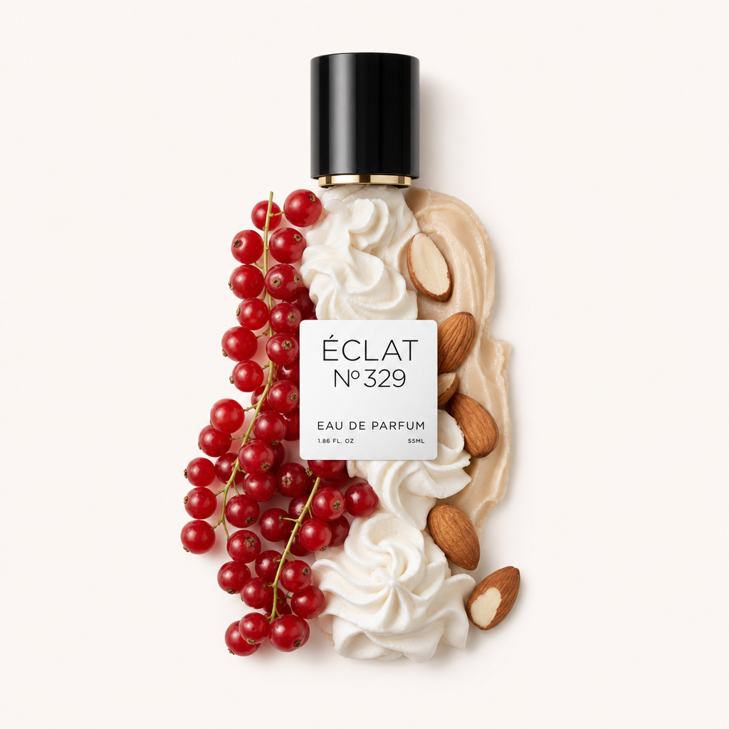Un arrangiamento artistico di vortici cremosi, mandorle e ribes rossi vivaci, che circondano un tappo nero con etichetta ÉCLAT Sweet Whipped Cream.
