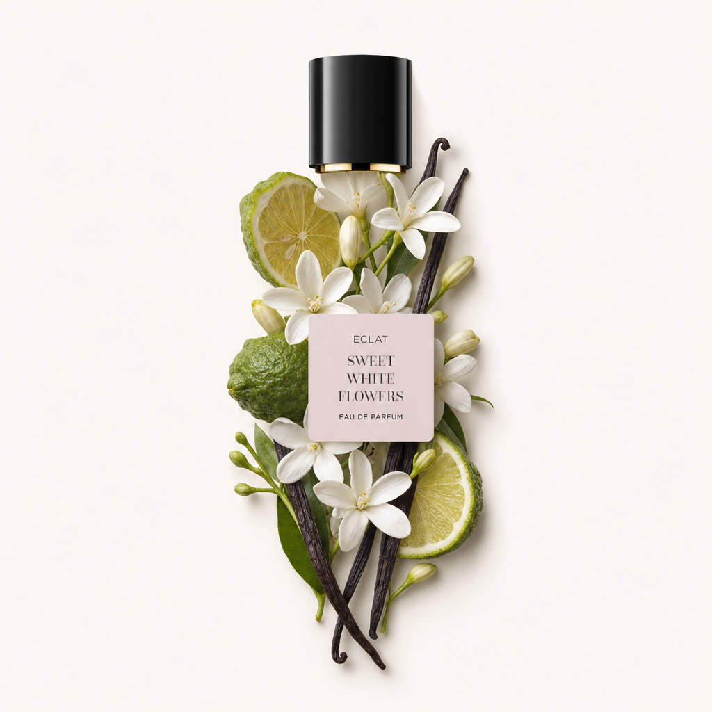 Un arrangiamento di fiori bianchi, fette di lime e baccelli di vaniglia circonda un tappo nero etichettato ÉCLAT Sweet White Flowers.