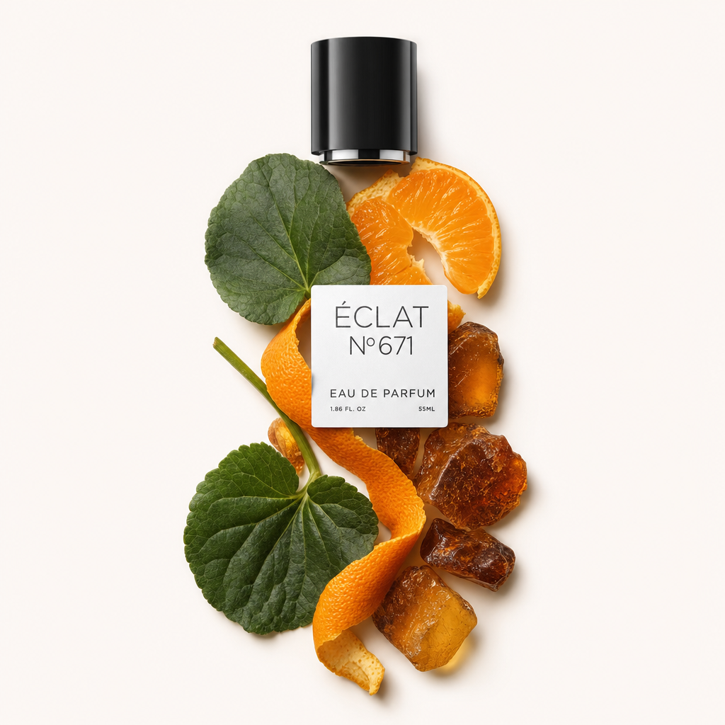 Un arrangiamento di spicchi e scorza di mandarino, foglie di geranio e resina d'ambra circonda un tappo nero con etichetta ÉCLAT Synthetic Tangerine.