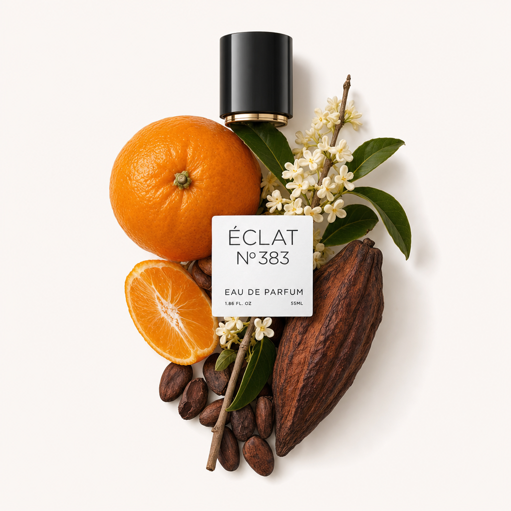 Un arrangiamento di mandarino, fagioli di cacao, fiori bianchi e foglie verdi circonda un tappo nero con etichetta per ÉCLAT Tangerine & Cocoa.