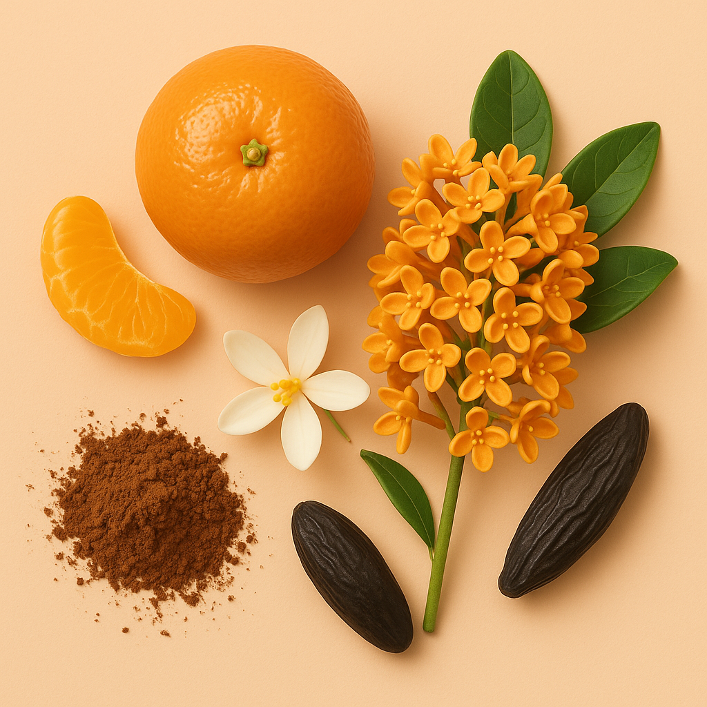 Disposizione di un mandarino intero, uno spicchio di mandarino, polvere di cacao, un fiore bianco, fiori arancioni e fave tonka su uno sfondo beige morbido che rappresenta ÉCLAT RAR Tangerine & Cocoa.