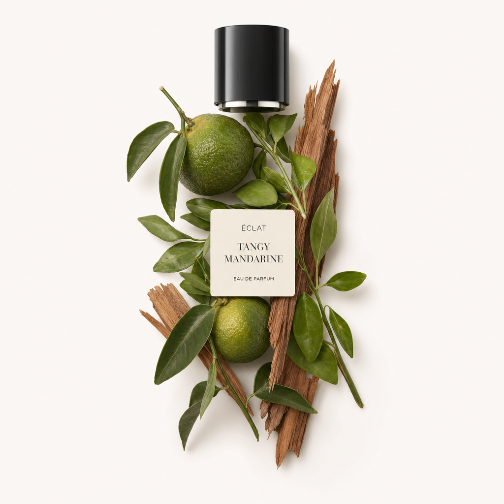Una composizione di mandarini verdi freschi, foglie vivaci e bastoncini di cannella con il tappo nero originale e l'etichetta ÉCLAT Tangy Mandarin.