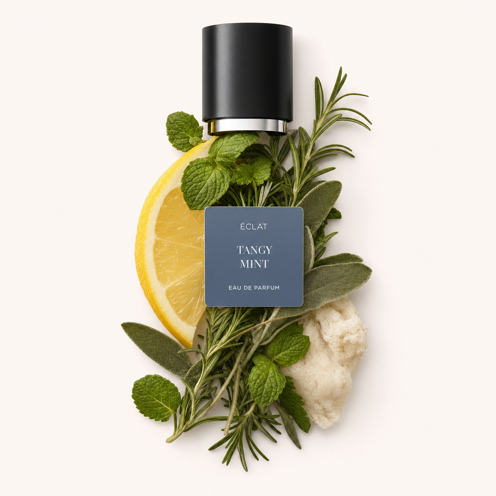 Una composizione di foglie di menta fresca, mezzo limone, rametti di rosmarino e foglie di salvia con un tappo nero recante l'etichetta ÉCLAT Tangy Mint.