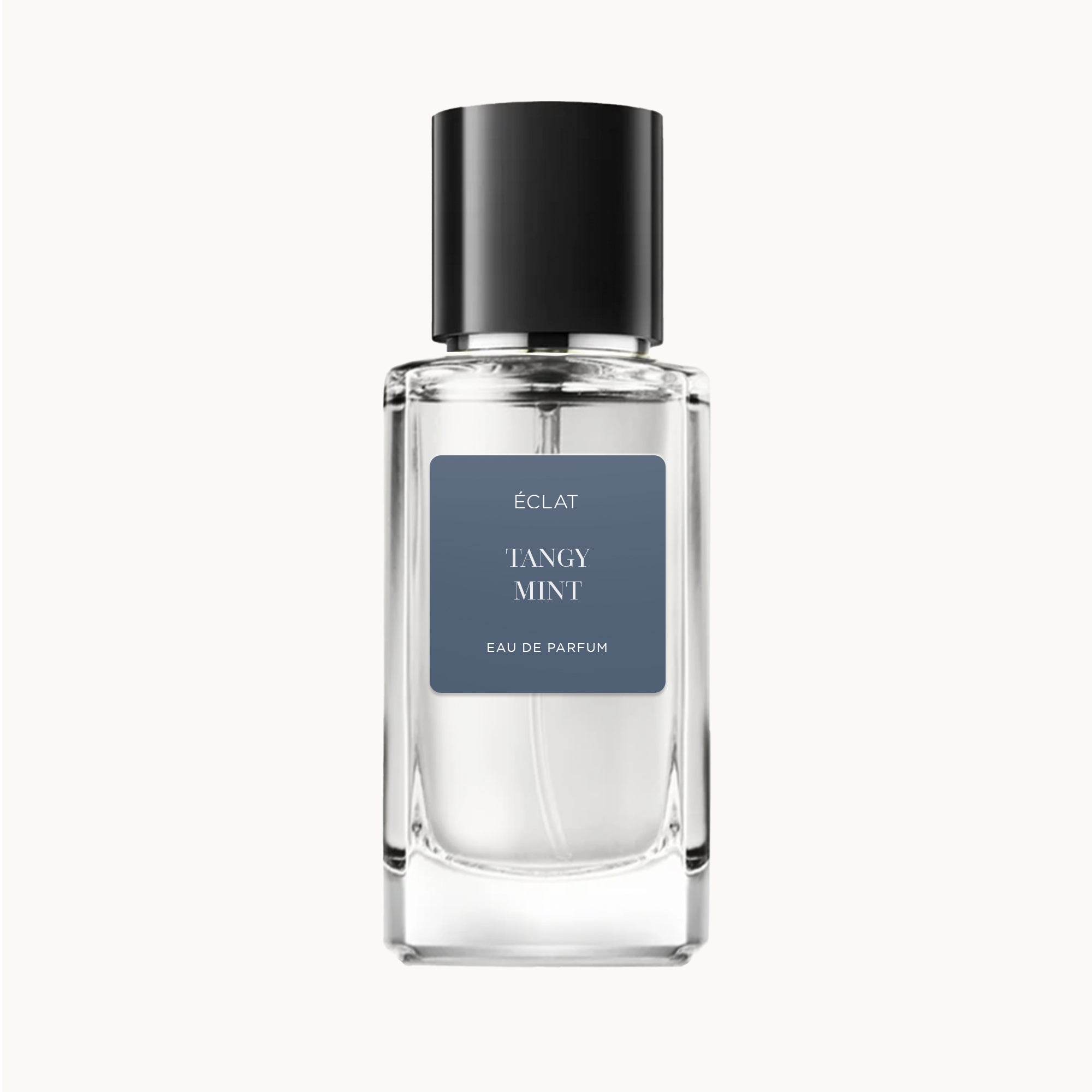 Un flacone di vetro sfaccettato con etichetta grigio scuro opaco che mostra ÉCLAT Tangy Mint, sormontato da un tappo nero elegante.
