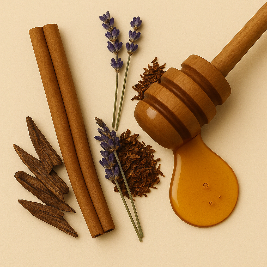 Una composizione con miele, bastoncini di cannella, rametti di lavanda, foglie di tabacco e pezzi di legno scuro su sfondo beige.