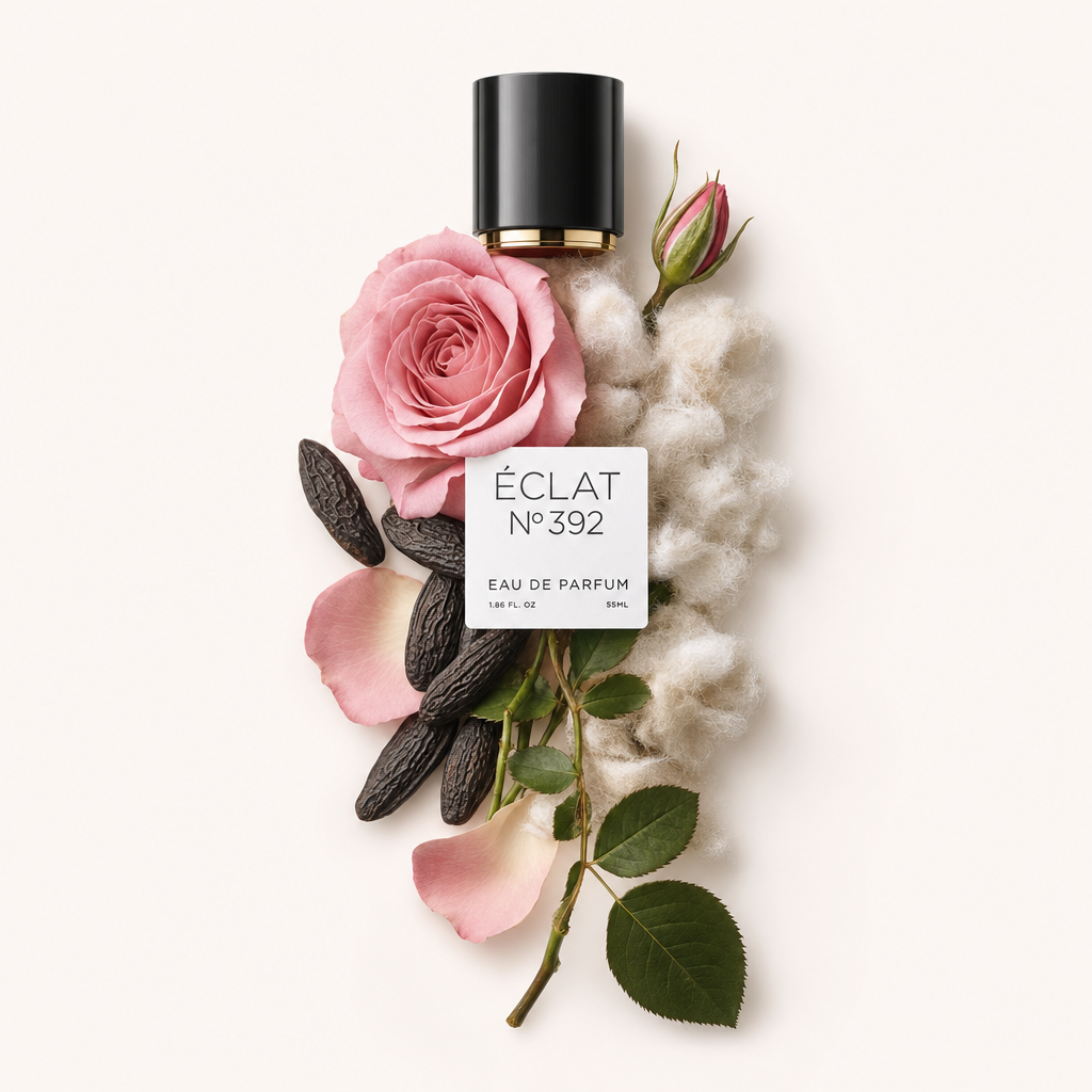 Una natura morta accuratamente composta di fagioli tonka, una rosa rosa, cotone e petali di rosa circonda un tappo nero con etichetta ÉCLAT.