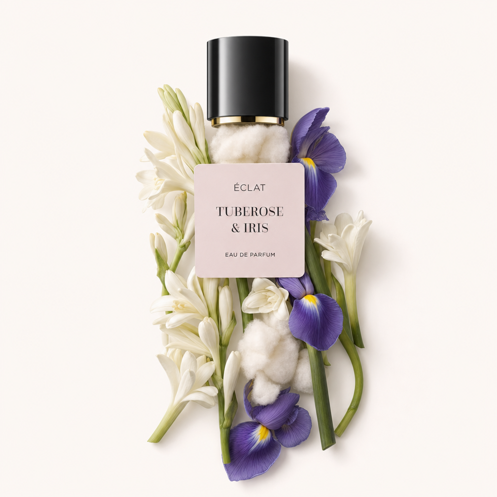 Disposizione di fiori di tuberosa e iris con un tappo nero con etichetta ÉCLAT Tuberose & Iris.