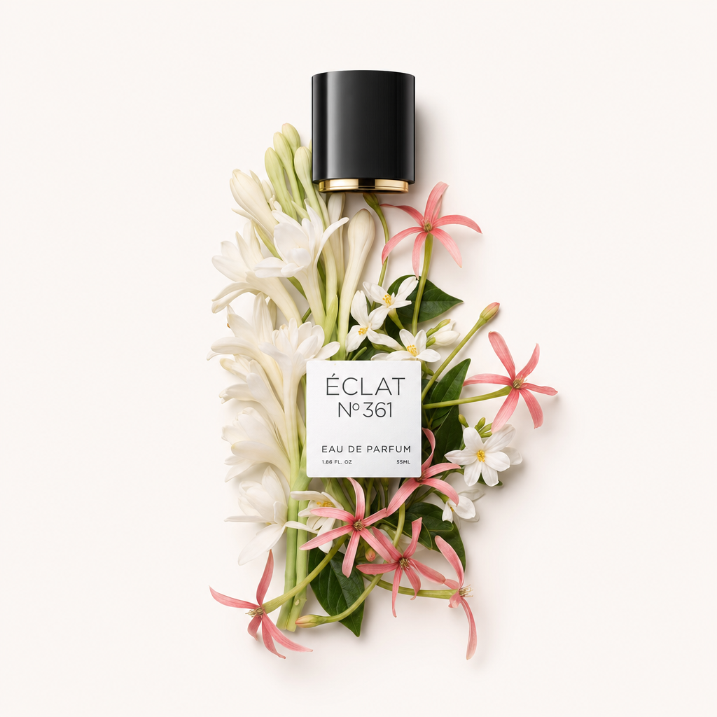 Un arrangiamento di fiori di tuberosa bianca e gelsomino rosa circonda un tappo nero con etichetta ÉCLAT Tuberose & Jasmine.