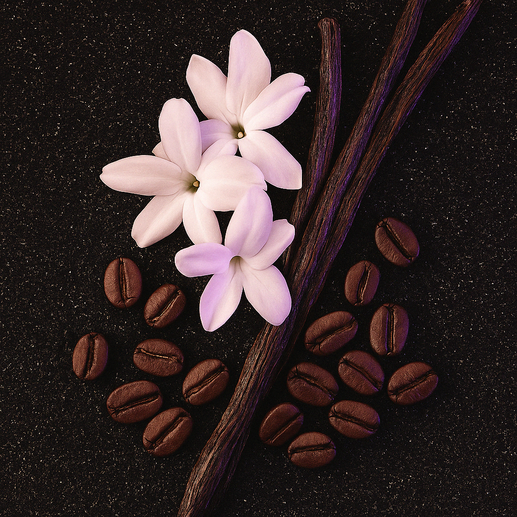 Fiori bianchi e bacche di vaniglia circondati da chicchi di caffè su una superficie scura e strutturata.