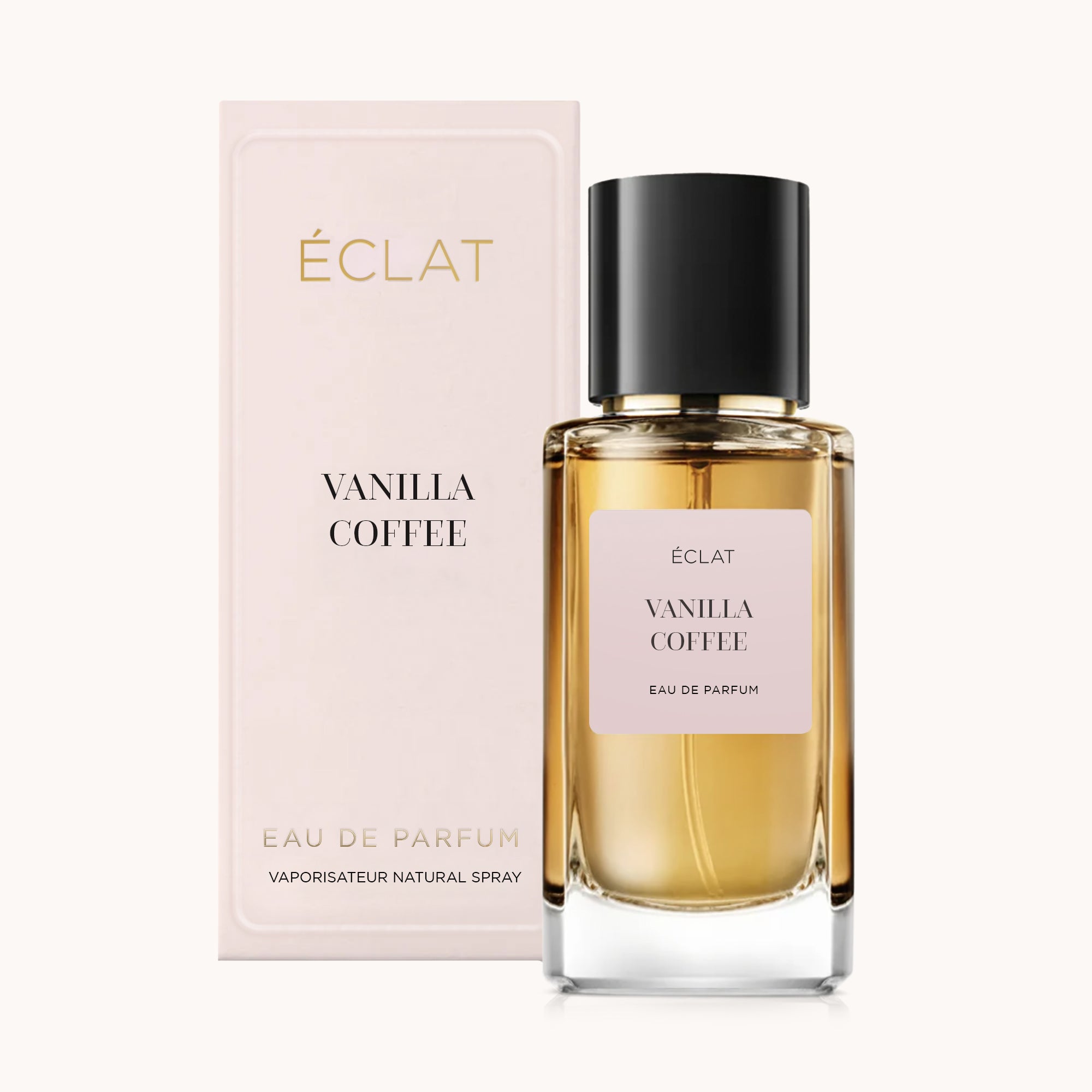 ÉCLAT Vanilla Coffee presenta una bottiglia di vetro trasparente con tappo nero, accanto a un'elegante scatola rosa.