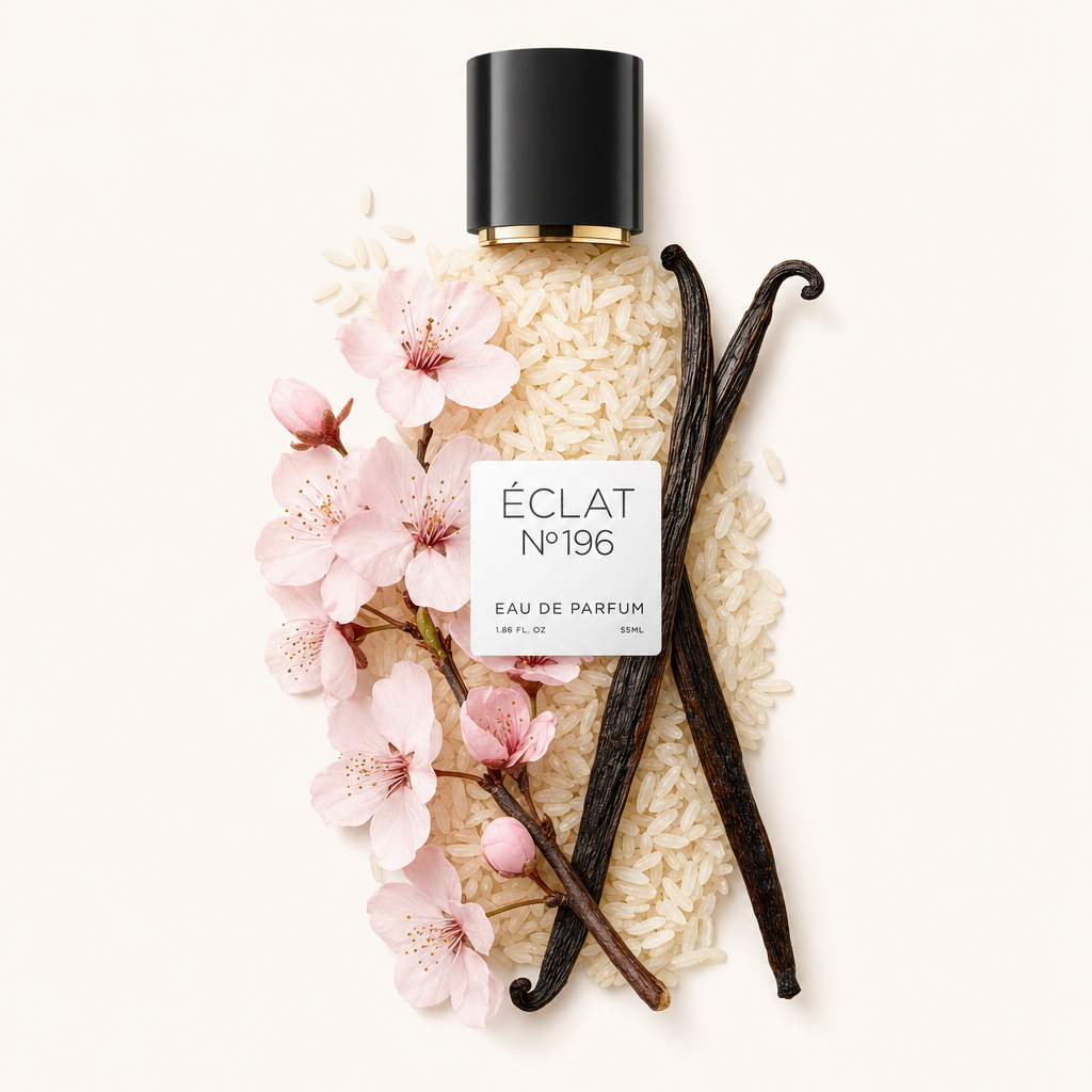 Un arrangiamento di baccelli di vaniglia e chicchi di riso con delicati fiori rosa, attorno a un tappo nero con etichetta di ÉCLAT Vanilla & Rice.