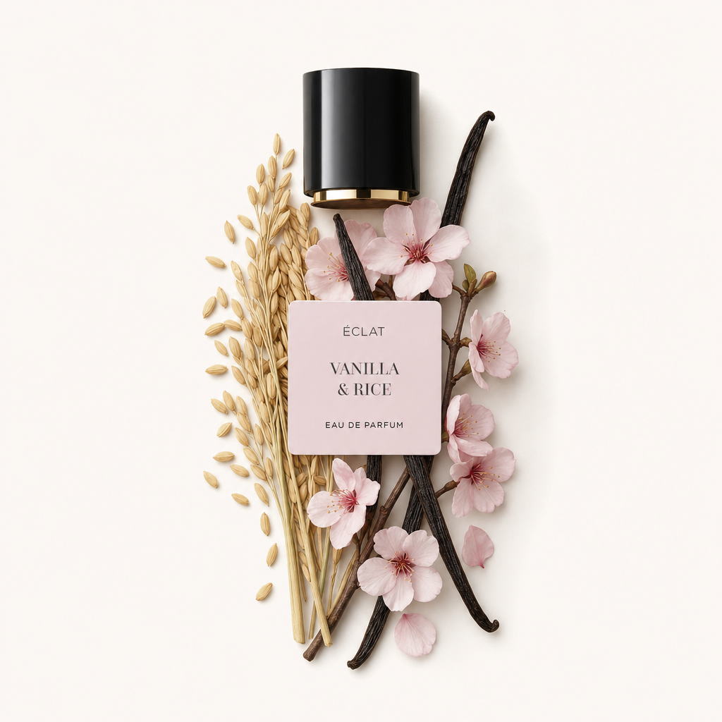 Grani di riso, baccelli di vaniglia e delicati fiori rosa disposti artisticamente circondano un tappo nero con l'etichetta ÉCLAT Vanilla & Rice.