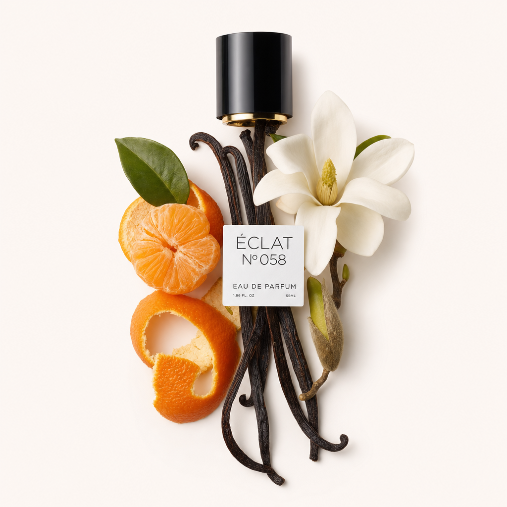 Un arrangiamento di baccelli di vaniglia, un mandarino sbucciato e un fiore di magnolia, con un tappo nero che porta l'etichetta ÉCLAT Vanilla & Tangerine.