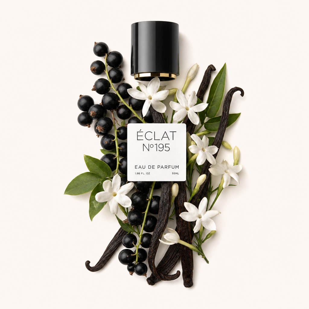 Un arrangiamento di ribes nero, baccelli di vaniglia e fiori bianchi circondano con arte un tappo nero con etichetta per ÉCLAT Vanilla & Tonka Bean.