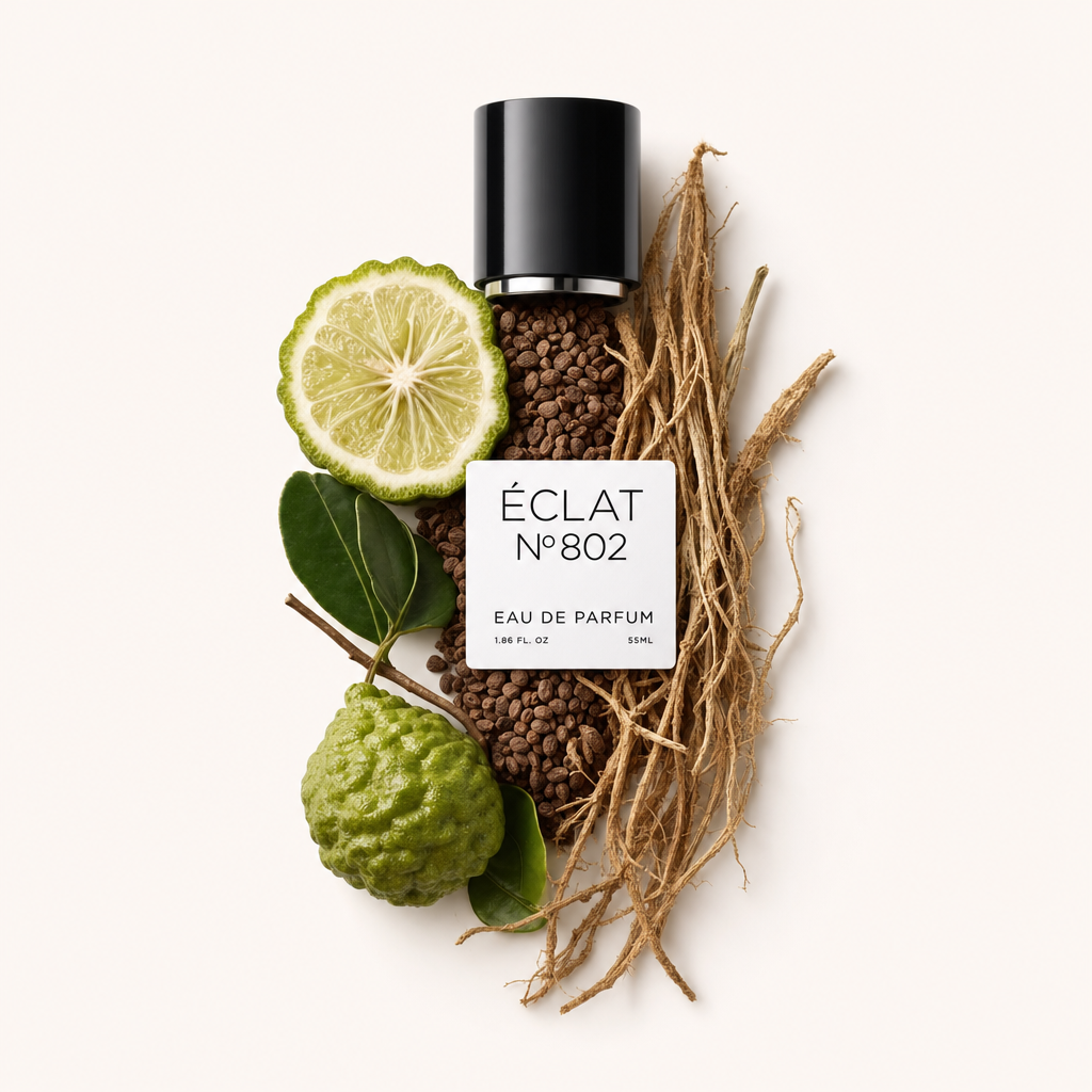 Un arrangiamento di radici di vetiver, fette di bergamotto e foglie circonda il tappo nero originale di ÉCLAT Vetiver & Bergamot, mostrando gli elementi naturali della fragranza.