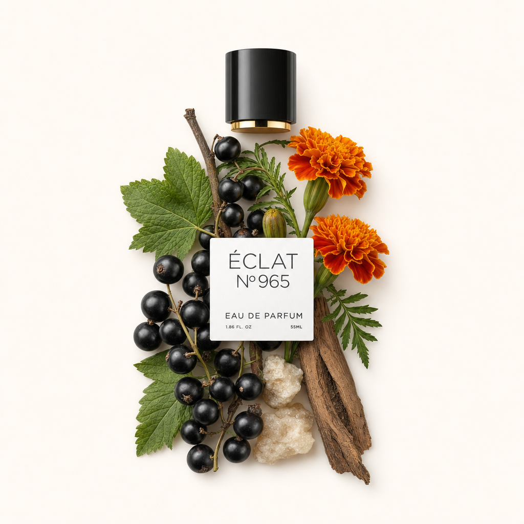 Una composizione di ribes nero, fiori di calendula e radice di vetiver circonda un tappo nero con etichetta, rappresentando ÉCLAT Vetiver & Tagetes.