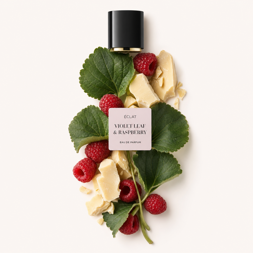 Un arrangiamento di lamponi freschi e foglie di violetta, circondato da scaglie di cioccolato bianco, con il tappo nero originale contenente l'etichetta ÉCLAT Violet Leaf & Raspberry.
