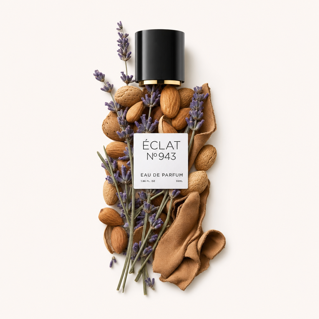 Una composizione artistica di mandorle intere, rametti di lavanda e morbidi pezzi di camoscio circonda il tappo nero con l'etichetta ÉCLAT.