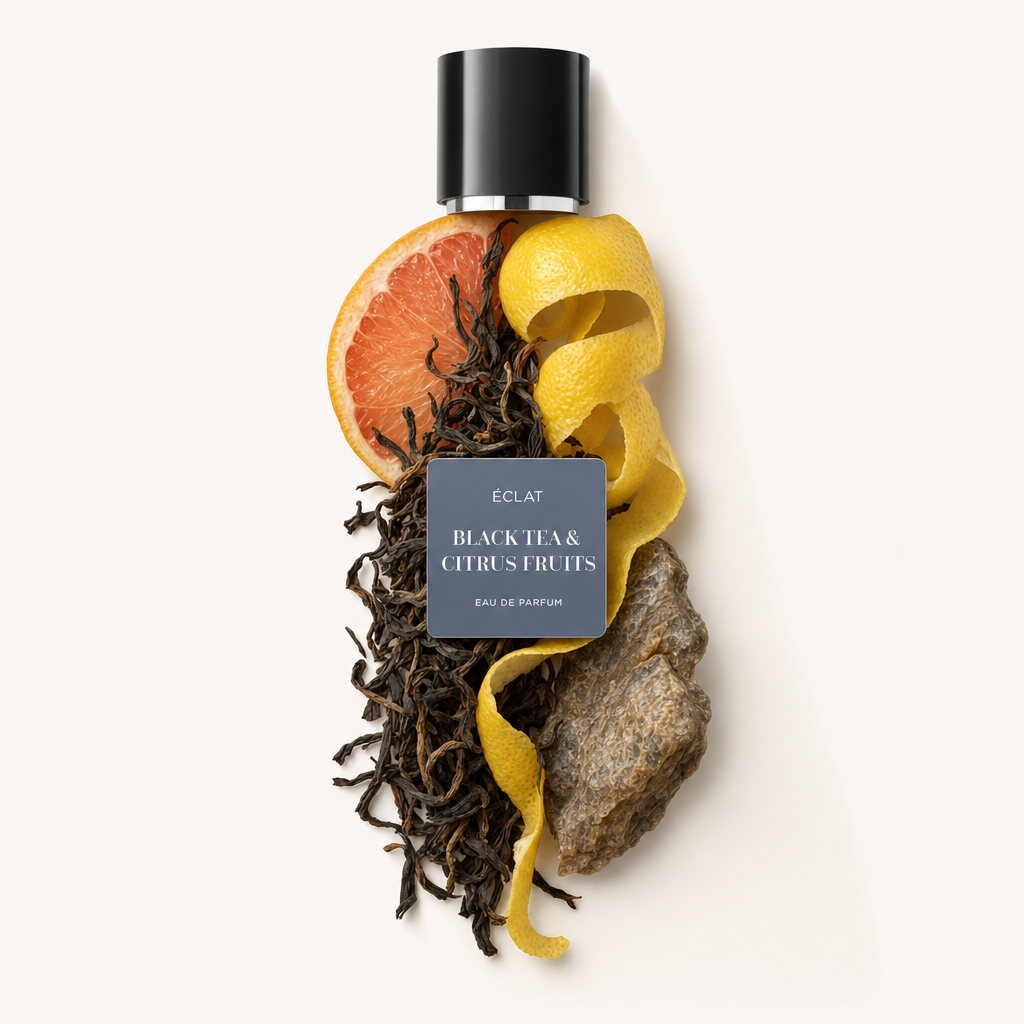 Una composizione di foglie di tè nero, fetta di pompelmo, scorza di limone e una pietra accanto al tappo con etichetta ÉCLAT Black Tea & Citrus Fruits.