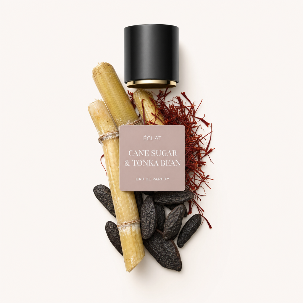 Un assortimento di fagioli tonka crudi, canne di zucchero e fili di zafferano, con un tappo nero e l'etichetta ÉCLAT Cane Sugar & Tonka Bean.