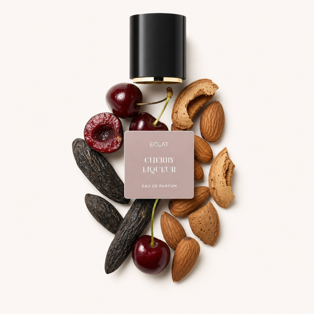 Una natura morta accuratamente disposta di ciliegie, bacche di vaniglia, mandorle e gusci circonda un tappo nero con etichetta ÉCLAT Cherry Liqueur.