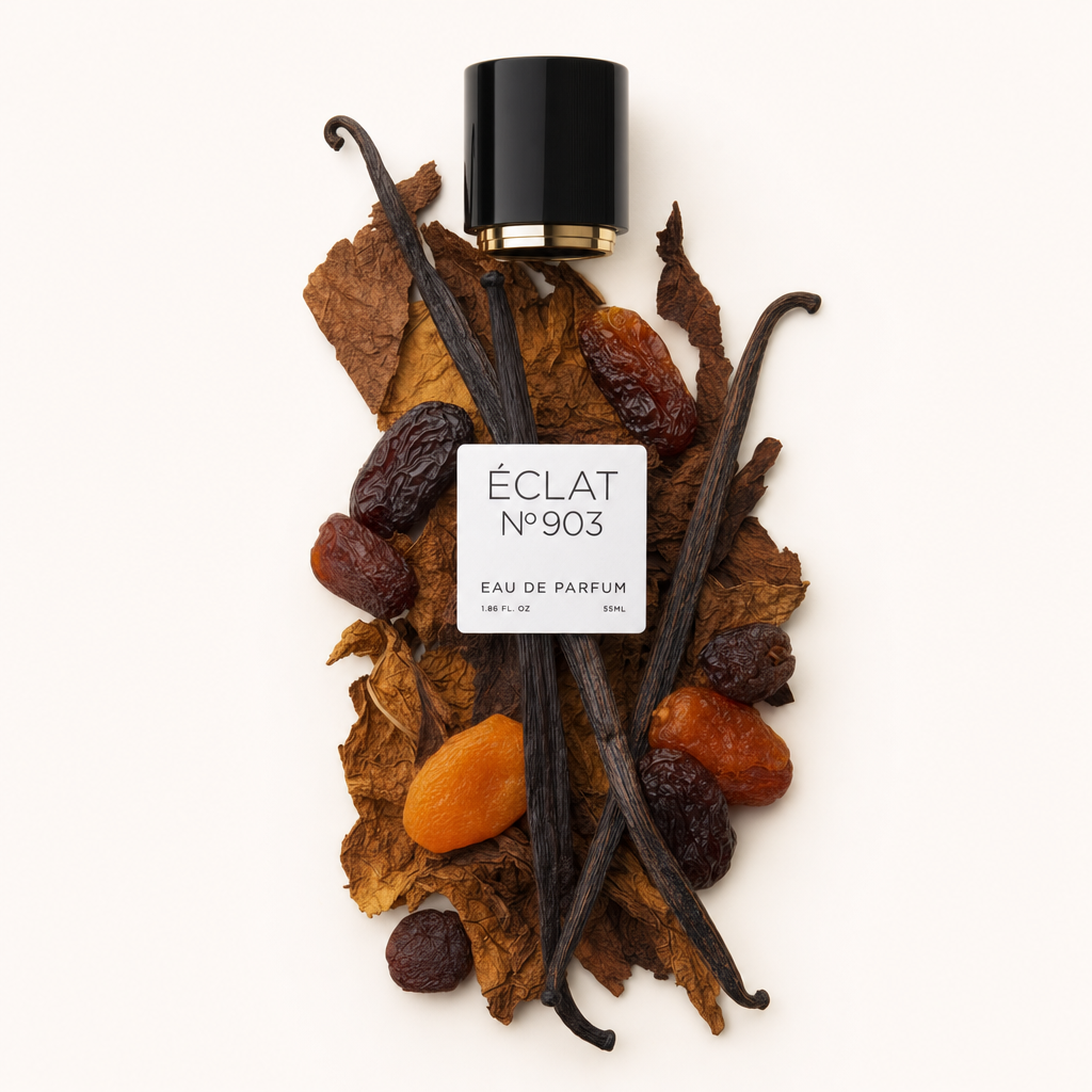 Un arrangiamento di foglie di tabacco, frutta secca e baccelli di vaniglia circonda un tappo nero con etichetta, rappresentando ÉCLAT VIP - Dry Fruits, Vanilla & Tobacco.