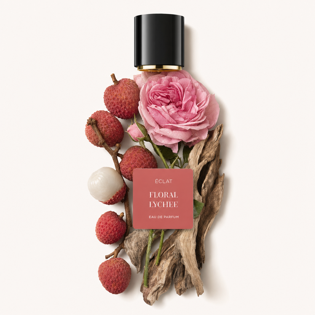 Un arrangiamento di frutti di litchi, una rosa rosa e legno alla deriva che circondano il tappo nero di ÉCLAT con etichetta 'ÉCLAT Floral Lychee'.
