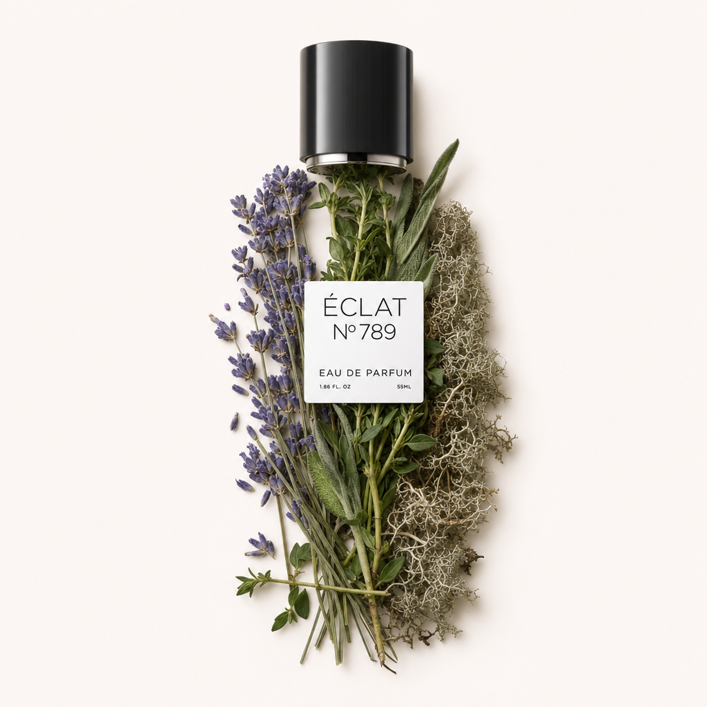Un elegante arrangiamento di rametti di lavanda, erbe verdi e muschio sotto un tappo nero con etichetta ÉCLAT.