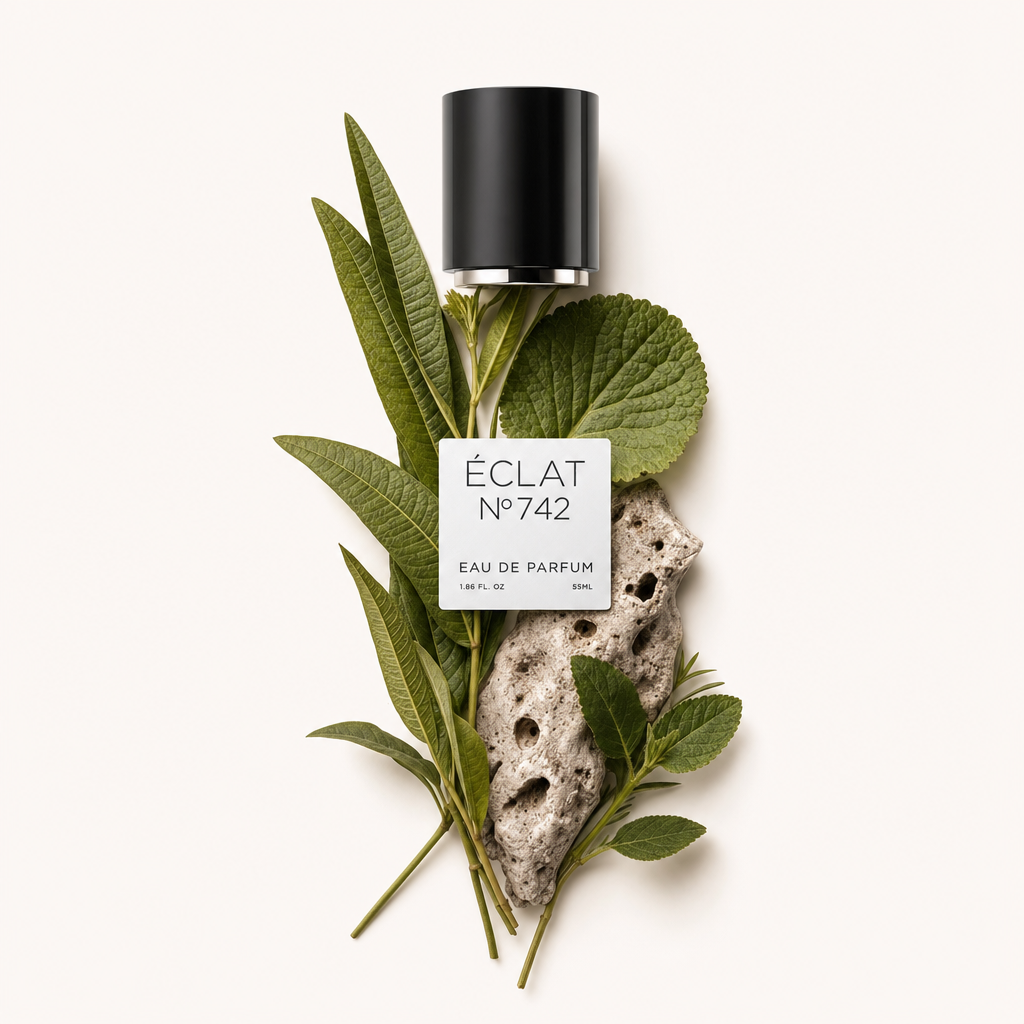 Una composizione di foglie di verbena, una roccia testurizzata e un tappo nero con etichetta ÉCLAT Green Vervain.