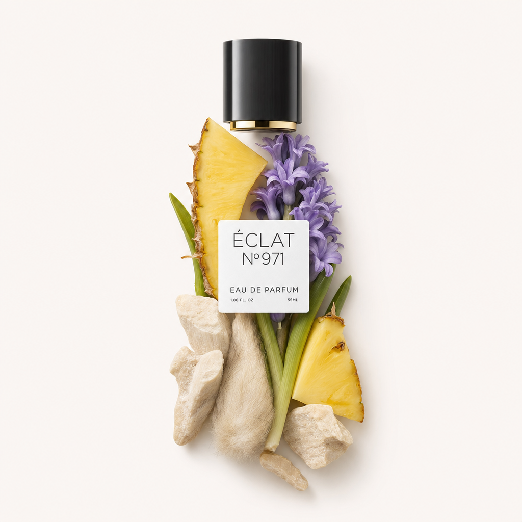 Una composizione di fette di ananas, giacinto viola e radici terrose circonda un tappo nero con etichetta ÉCLAT Musky Pineapple.