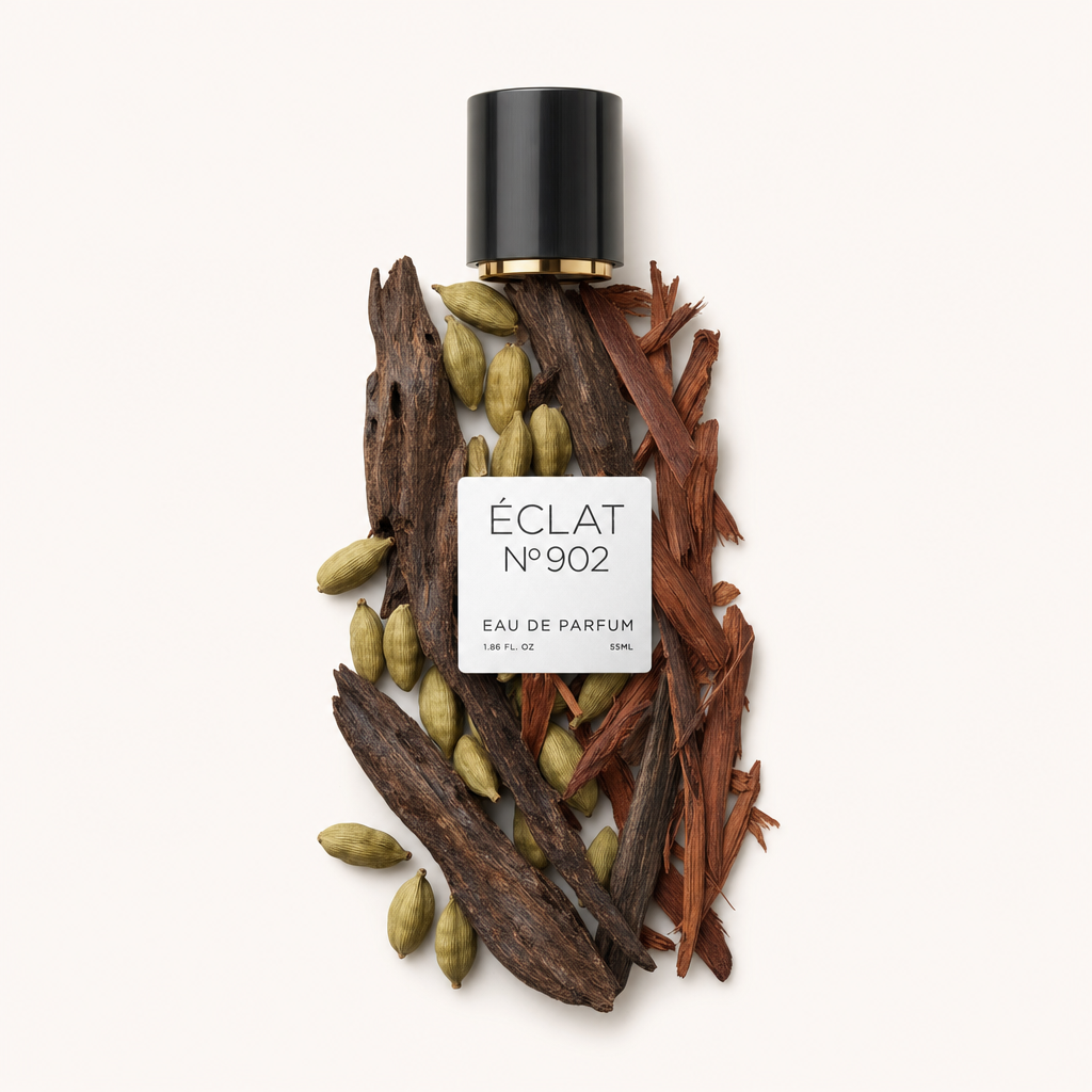 Una composizione di palissandro e cardamomo circonda un tappo nero con etichetta, rappresentando ÉCLAT VIP - Oud & Rosewood.